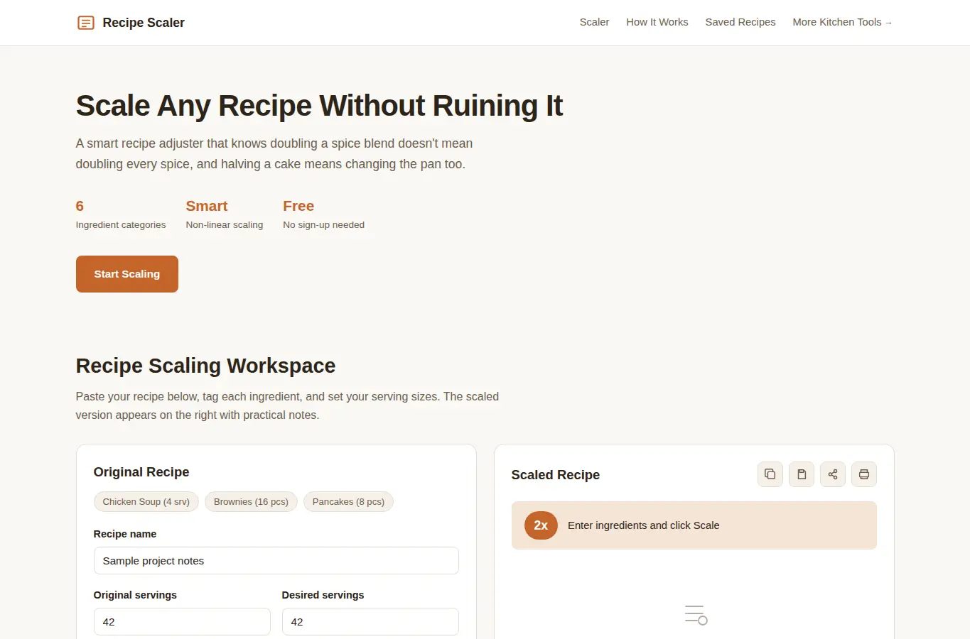 Screenshot of Recipe Serving Size Scaler interface showing the project page in use